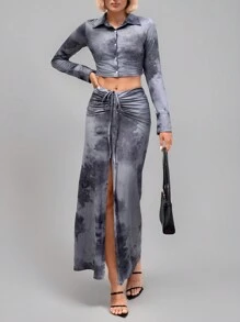 SHEIN Essnce 水洗染印花前釦長袖上衣和綁帶開叉高腰裙套裝，夏季休閒套裝 - 灰色 - 查看 6