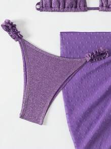 SHEIN Swim Bộ đồ tắm bikini tam giác diềm xếp nếp đi biển mùa hè kèm váy đi biển - Màu tím - Xem 5