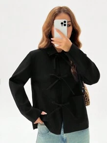 SHEIN EZwear Solid Dual Pocket Jacket For Spring & Summer - Black - View 4