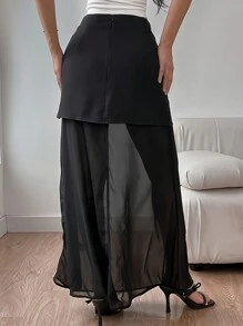 SHEIN Unity Einfarbiger farbiger Damen Rock mit lässigen Mesh-Einsätzen für den täglichen Gebrauch - Schwarz - Übersicht 2