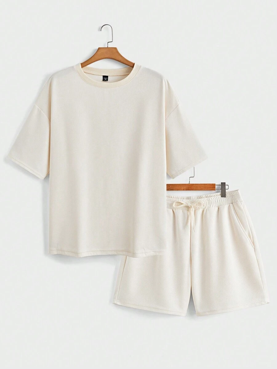 Manfinity Homme Men Plus Solid Drop Shoulder Tee & Drawstring Waist Shorts - Apricot - View 1