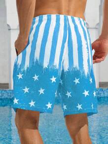 Surfspeed Men Striped & Star Print Drawstring Waist Swim Trunks - Blue - View 2