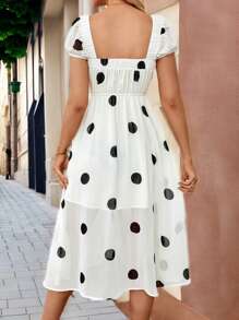 SHEIN LUNE Summer Long White & Black Polka Dot Bodycon Party Elegant Women's Dress - White - View 3
