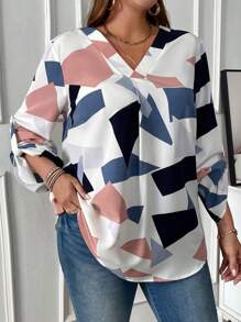 EMERY ROSE Plus Geo Print Roll Tab Sleeve Blouse