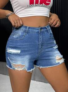 Breezaya Plus Ripped Raw Hem Denim Shorts - Light Wash - View 6