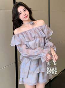 DAZY Ensemble de blouse et short en mousseline de soie pour femmes avec épaules dénudées et imprimé floral - Prune - Voir 1