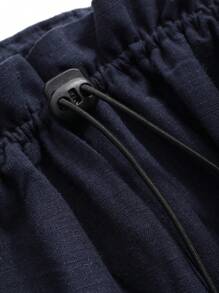 FRIFUL Casual Solid Drawstring Waist Wide Leg Pants Linen - Navy Blue - View 3