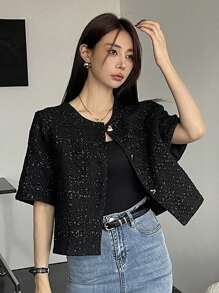 DAZY Women's Business Casual Short Sleeve Jacket, Autumn Carnival - Black - View 5