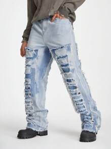 Manfinity Roghcode Men's Light Blue Denim Frayed Patch Streetwear Loose Straight Ripped Jeans, For Husband, Boyfriend Gifts - Light Wash - View 4