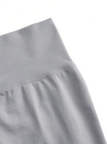 SHEIN Sports Shorts deportivos sin costuras de cintura alta y unicolor para el verano - Gris Claro - Ver 10