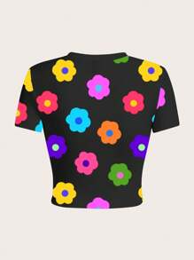 SHEIN EZwear Flower Pattern Tight Crop Top, Suitable For Summer - Multicolor - View 2