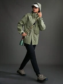 SHEIN Sports Patched Detail Zip Up Hooded Windbreaker Sports Jacket - Army Green - View 6