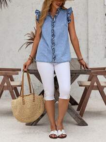 SHEIN LUNE Ruffle Trim Sleeveless Denim Top For Summer Vacation - Blue - View 4