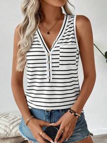 SHEIN LUNE Athleisure Black & White Striped Women"S Tank Top, Suitable For Sport, Run, Bike, Jog, Basketball