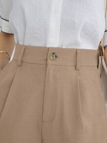 DAZY 高腰褶饰阔腿短裤 夏季 - 卡其色 - 查看 3