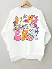 INAWLY Women Slogan Graphic Drop Shoulder Sweatshirt For Spring And Fall Wear Back To School Clothes IN MY TEACHER ERA - White - View 3