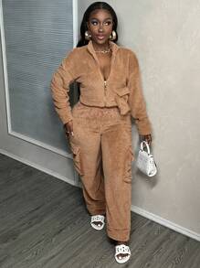 Slaydiva 秋冬款休閒家居襯衫立領拉鍊中心口袋寬鬆落肩短款上衣配直筒褲立體工作口袋雙面保暖棕色毛絨女士套裝-A - 棕色 - 查看 3