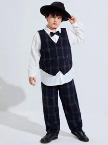 SHEIN 3pcs Kids Tween Boys Extended Size Casual Turn-Down Collar Long Sleeve Solid Color Shirt With Tie, Plaid Vest And Woven Pants Set - Multicolor - View 6