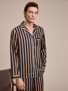 EverLounge Men Striped Print Satin Long Sleeve & Pants PJ Set / Pajama Set - Multicolor - View 5