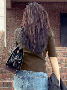 DAZY Women's Short Sleeve Polo Neck Half-Zip Knitted Sweater Summer Fall - Coffee Brown - View 3