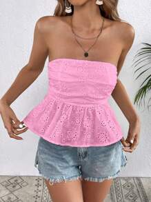 SHEIN VCAY Eyelet Embroidery Ruffle Hem Tube Top - Pink - View 1
