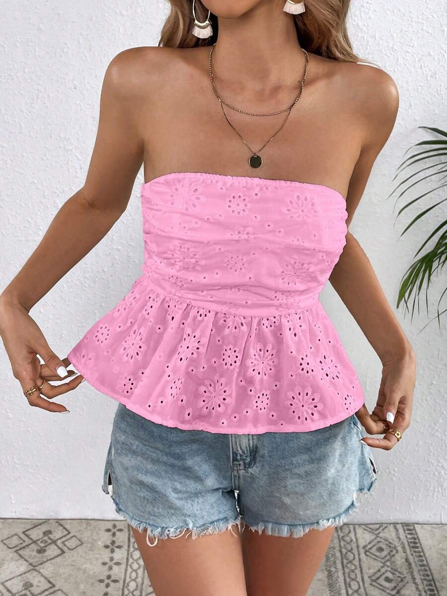 SHEIN VCAY Eyelet Embroidery Ruffle Hem Tube Top - Pink - View 1