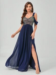 Vestido elegante formal de UNITHORSE con parches de lentejuelas y gasa dividida, vestido de dama de honor, atuendo de mujeres para cumpleaños, vestido de graduación - Azul Marino - Ver 5