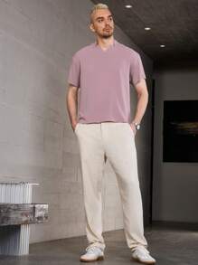Manfinity Homme Men's Summer Solid Color Notched V-Neck Short Sleeve Casual Loose Shirt