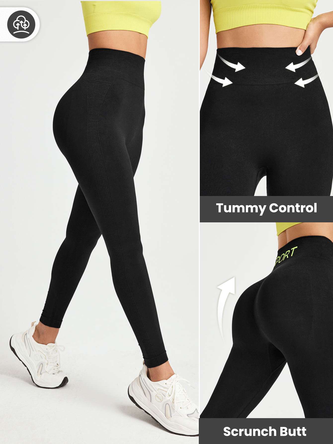 SHEIN Sports 無縫高彈性寬腰帶運動打底褲 - 黑色 - 查看 2