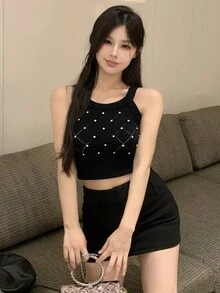 Women Plaid Cropped Casual Versatile Camisole Knit Top