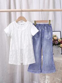 Tricou solid pentru fete tinere și tricou cu panou din dantelă și pantaloni evazați