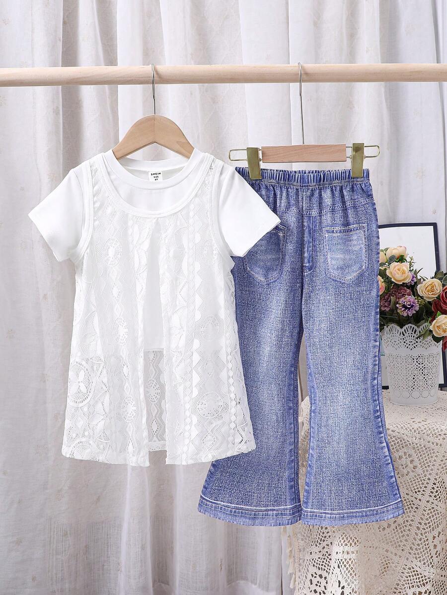 Tricou solid pentru fete tinere și tricou cu panou din dantelă și pantaloni evazați