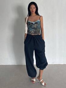 FRIFUL Casual Solid Drawstring Waist Wide Leg Pants Linen - Navy Blue - View 7