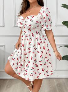 SHEIN SunnyBelle Vestido de mangas abullonadas y cuello de corazón con estampado de cerezas para verano en tallas grandes - Albaricoque - Ver 4