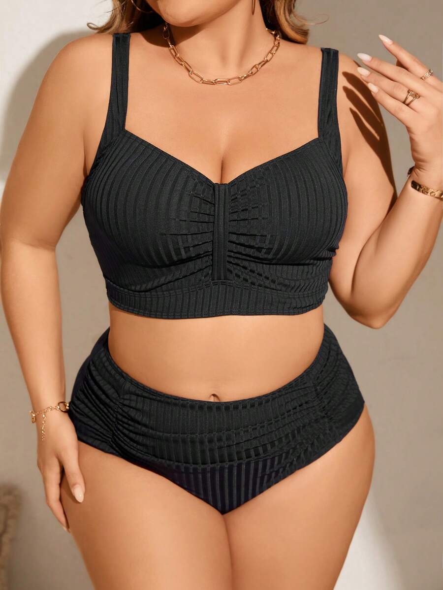 SHEIN Swim Curve 大尺碼夏季海灘單色褶皺比基尼套裝