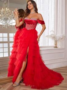 Vestidos de noche de gala con lentejuelas y cristales, vestidos de bola con aberturas y esponjosos, vestidos de fiesta y graduación para mujeres, vestido de fiesta, vestido de invitada de boda, vestido de noche - Rojo - Ver 5