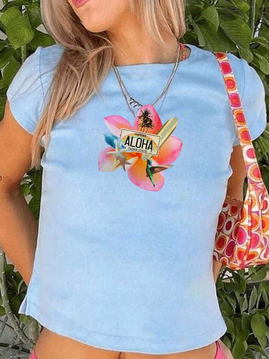 SHEIN EZwear Áo thun bé gái hoa và cây dừa Hawaii nhiệt đới Y2K mùa hè - Màu xanh lam - Xem 1