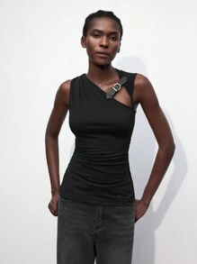 Maija 2025 Spring/Summer & Early Autumn Independence Day July Outfit Women's Black Fitted Strap Decor Design Modern Urban Chic Versatile Top, Black Hollow-Out PU Leather Decor Sleeveless Modern Urban Casual Women Apparel