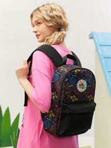 Mr Men Little Miss X SHEIN Black Cartoon And Letter Printed Fashionable Casual Backpack