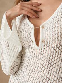 Anewsta Solid Color Women's Knitted Sweater Dress With Hollow Out Design, V-Neck And Long Sleeves For Summer Beach Vacation - White - View 7