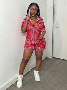 Slaydiva Casual Street  Loose Short Sleeve Shirt And Shorts, Red  Print Loose Shirt Set, Women's 2pcs Set-C