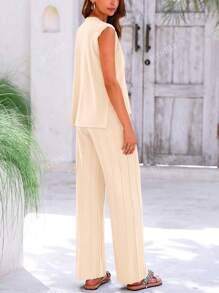 BTFBM Women's Holiday Casual Solid Color Round Neck Sleeveless Top And Pants Two-Piece Set