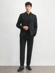 AKNOTIC Business Casual 易護理男士舊錢風格提花編織商務休閒拼接西裝外套，採用斜紋和提花織物製作，非常適合秋冬季節 - 黑色 - 查看 8
