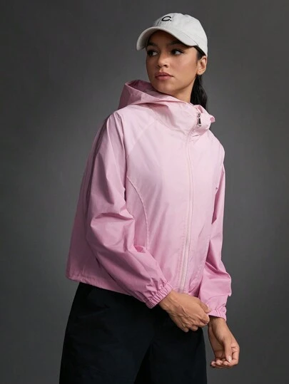 SHEIN Sports 女款實色拉鍊運動連帽外套