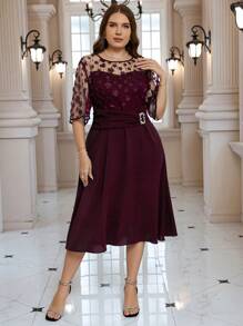 SHEIN Clasi Đầm dự tiệc thời trang lưới ghép cỡ lớn - Màu Đỏ Sâu - Xem 4