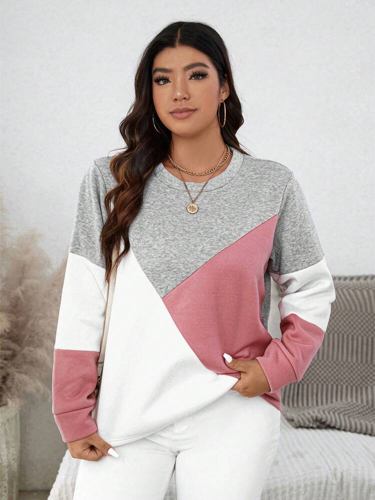 SHEIN LUNE 加大码撞色休闲卫衣，适合春秋季旅行、机场候机等冬季穿着。 - 彩色 - 查看 3