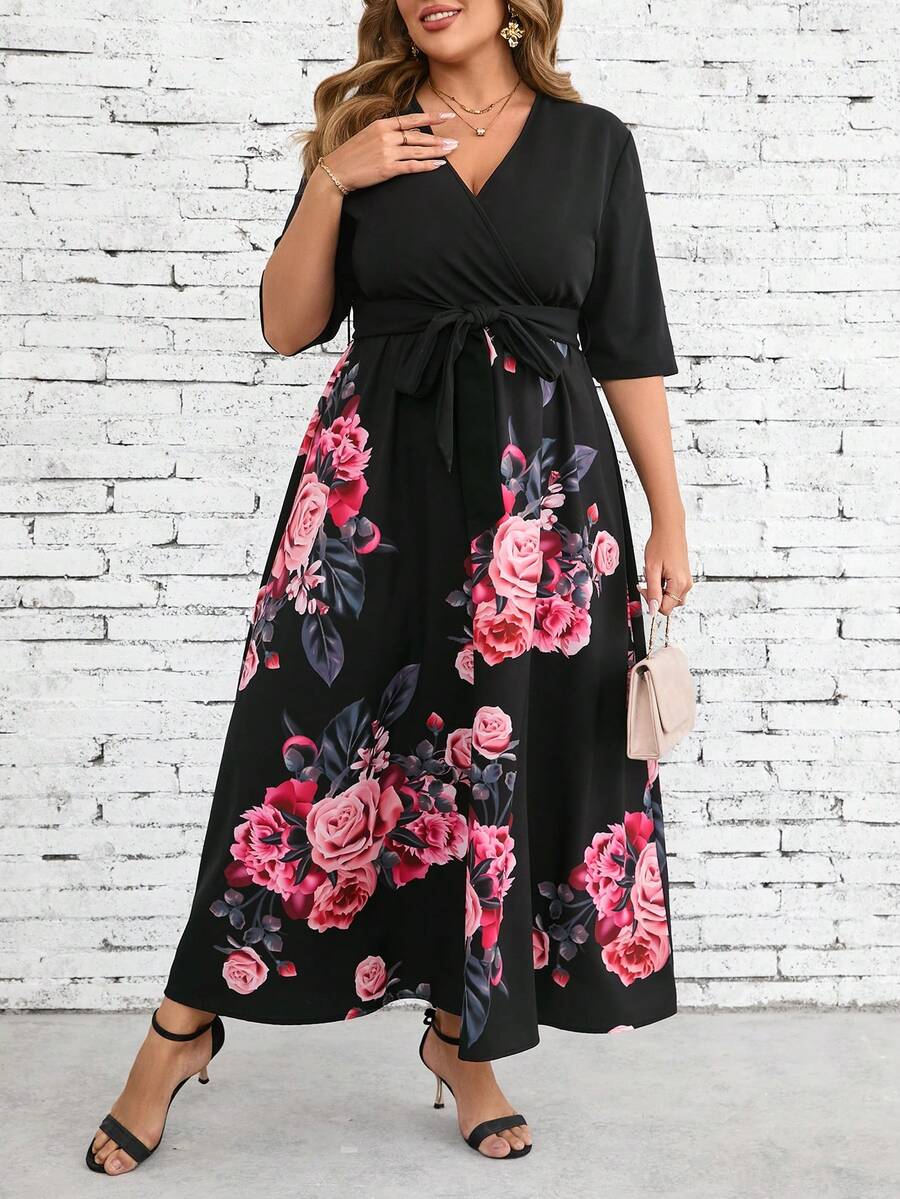 SHEIN Clasi Plus Size Wrap Neck, Elastic Waist, Flared Hem, Printed