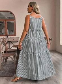 SHEIN VCAY Plus Size Boho Striped Print Ruffle Hem Cami Dress, For Summer,Beach Dress Sundress,Holiday Outfits - Grey - View 2