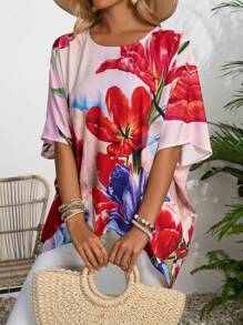 EMERY ROSE Áo sơ mi nữ in họa tiết hoa cổ điển viền bất đối xứng dáng rộng hàng ngày mùa hè - Nhiều màu - Xem 5
