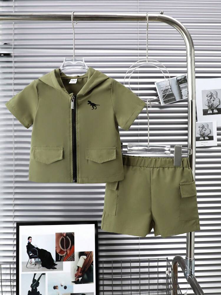 Baby Boy Summer Casual Dinosaur Printed Hooded Short Sleeve Top And Cargo Shorts Set